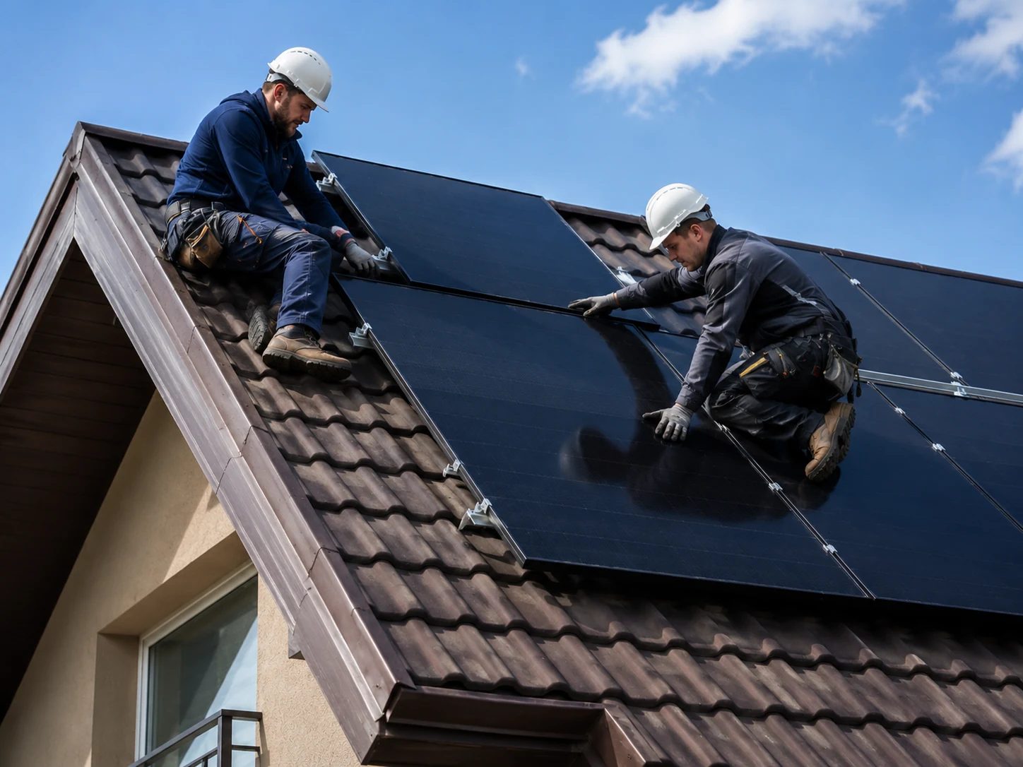 Installatori professionisti durante il montaggio di pannelli fotovoltaici su tetto residenziale