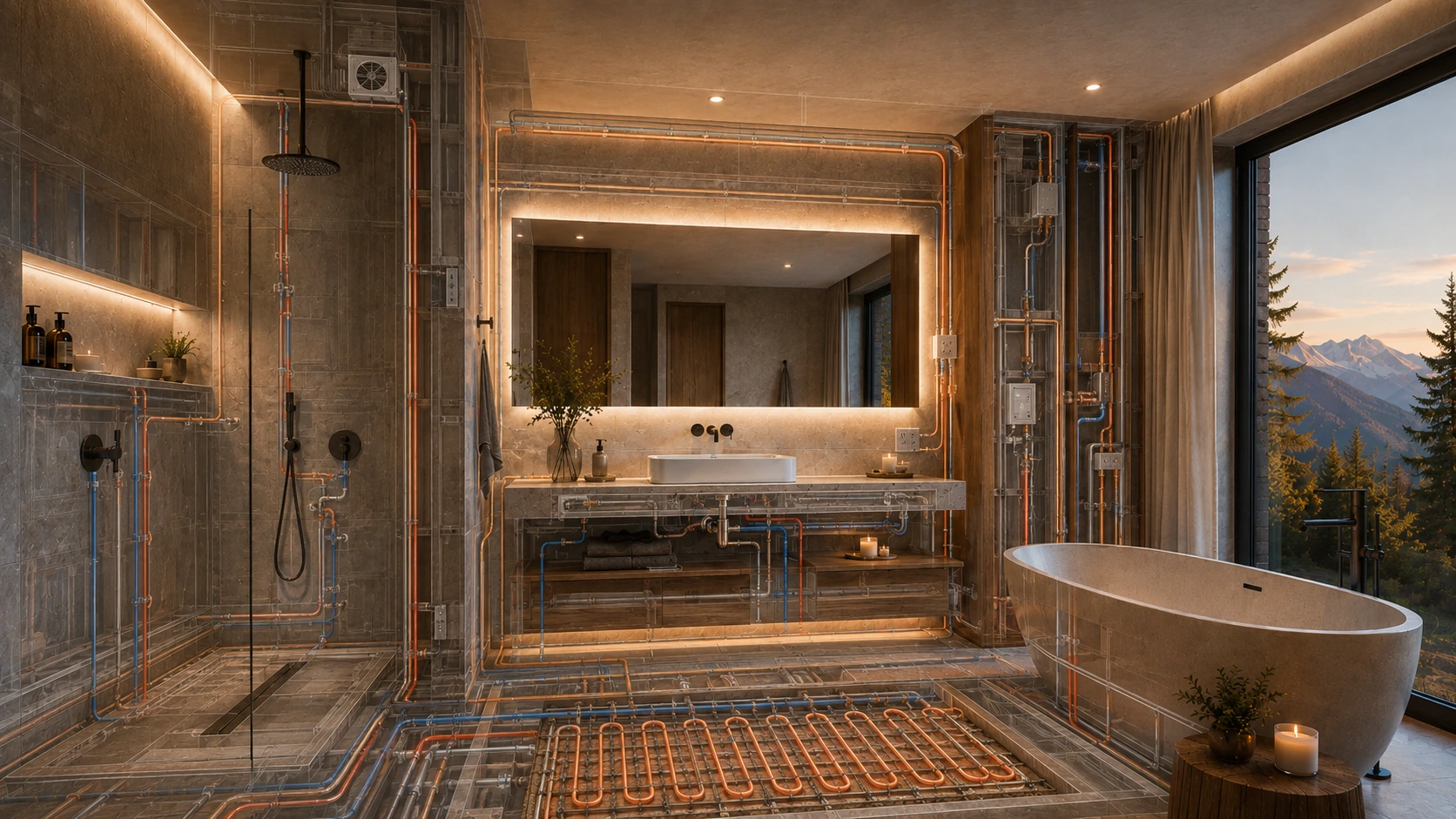Bagno con impianti tecnici integrati